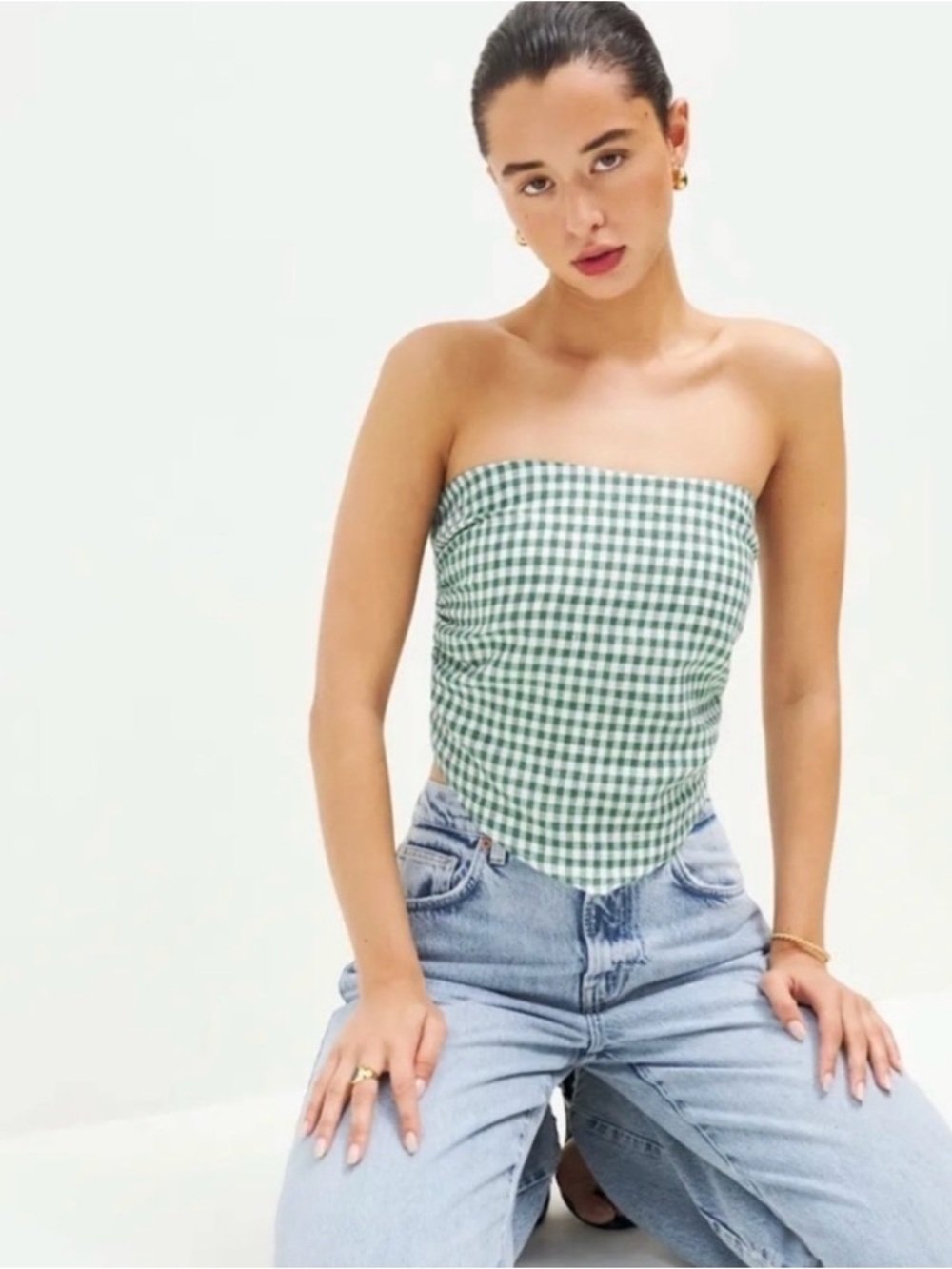 Reformation Dillon Linen Green Gingham Strapless Top